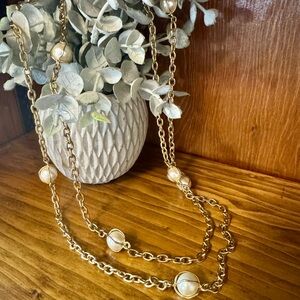 Vintage Gold Faux Pearl Station Necklace 25” Long Layering Chain Classic